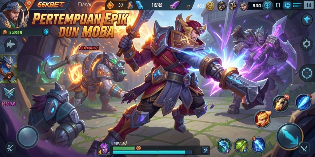 Gambar gameplay 66KBET yang menampilkan aksi seru di arena pertempuran MOBA.