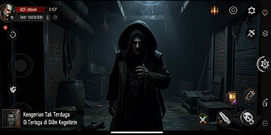 Tangkapan layar gameplay <strong>6CF</strong> yang menampilkan suasana mencekam dan makhluk menyeramkan.