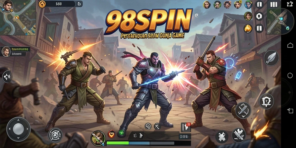 Gambar menunjukkan karakter bertarung dalam aksi dinamis dari 98SPIN.