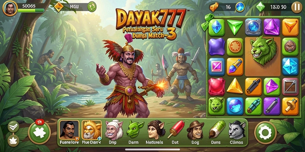 Tampilan gameplay DAYAK777 dengan aksi Match-3 yang seru.