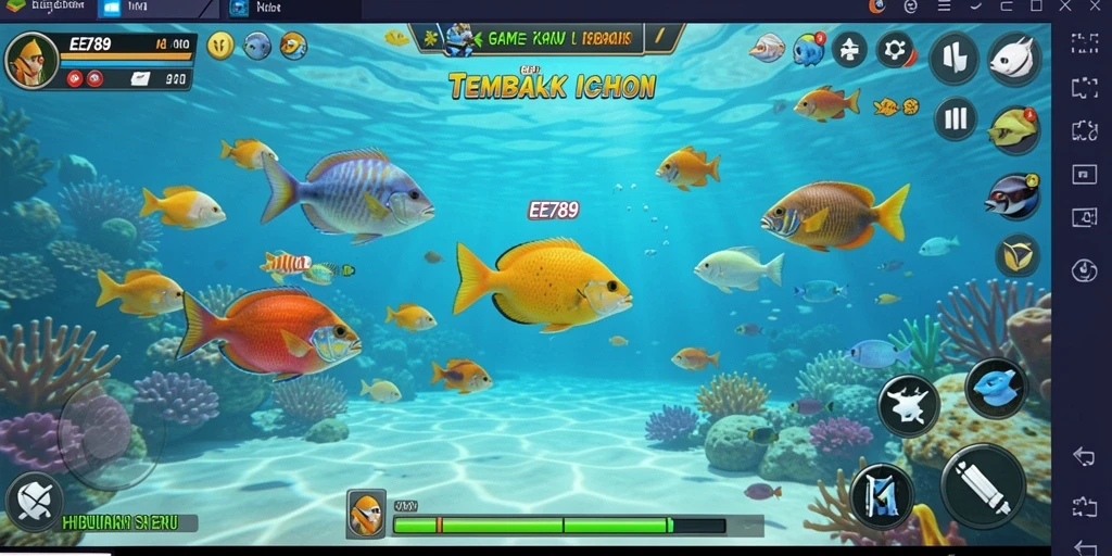 Screenshot utama EE789 menampilkan aksi seru menembak ikan.
