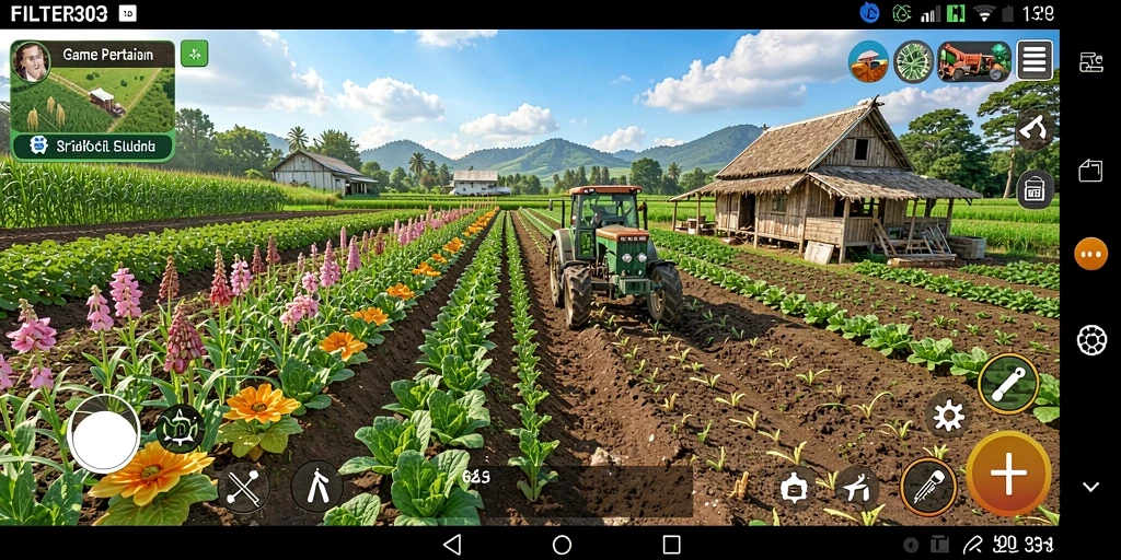 Tampilan permainan FILTER303 yang menampilkan ladang dan tanaman yang subur.