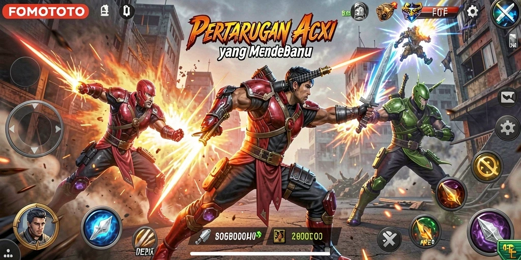 Gameplay seru FOMOTOTO dengan aksi bertarung yang mendebarkan.
