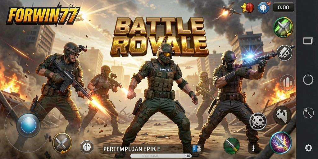 Tampilan utama FORWIN77 menampilkan aksi seru dalam pertempuran Battle Royale.