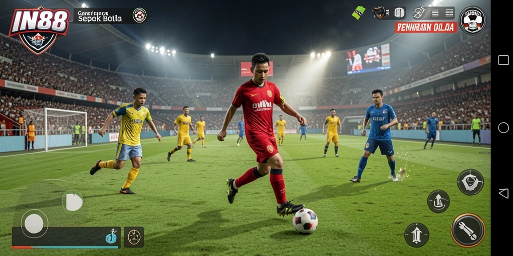 Tampilan gameplay sepak bola yang menegangkan dan seru.