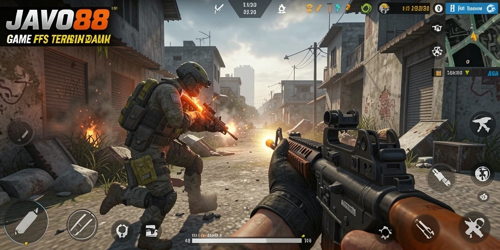 Skrinsut utama JAVO88 menampilkan aksi seru dalam game FPS.