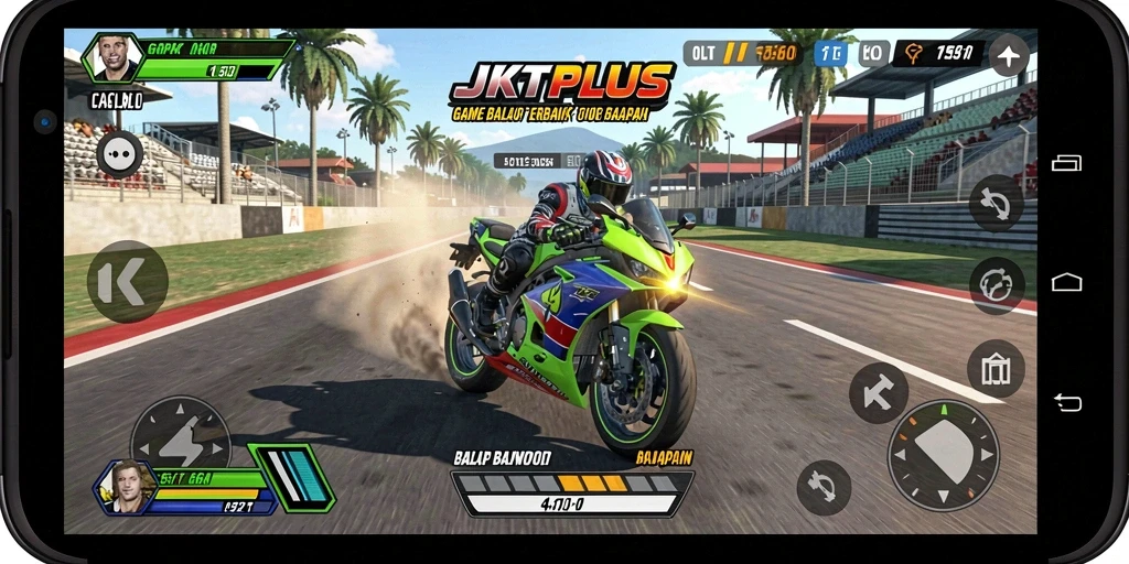 Tampilan utama gameplay balapan motor di JKTPLUS yang mendebarkan.