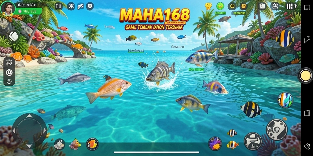 Tampilan gameplay seru dari MAHA168, menembak ikan dengan berbagai senjata.