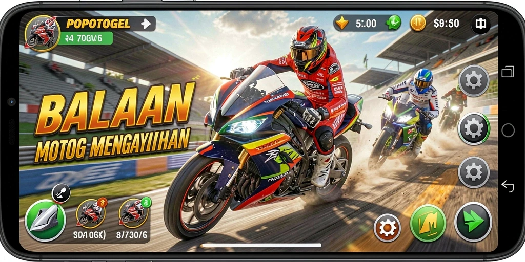 Screenshot permainan <strong>POPOTOGEL</strong> yang menampilkan momen balapan yang intens.