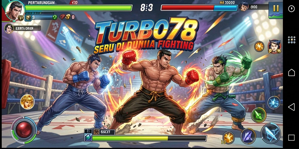 Tampilan gameplay yang intens dari TURBO78 saat karakter bertarung.