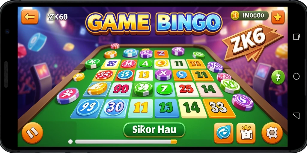 Tampilan gameplay Bingo yang seru di ZK6 dengan kartu yang berwarna-warni.
